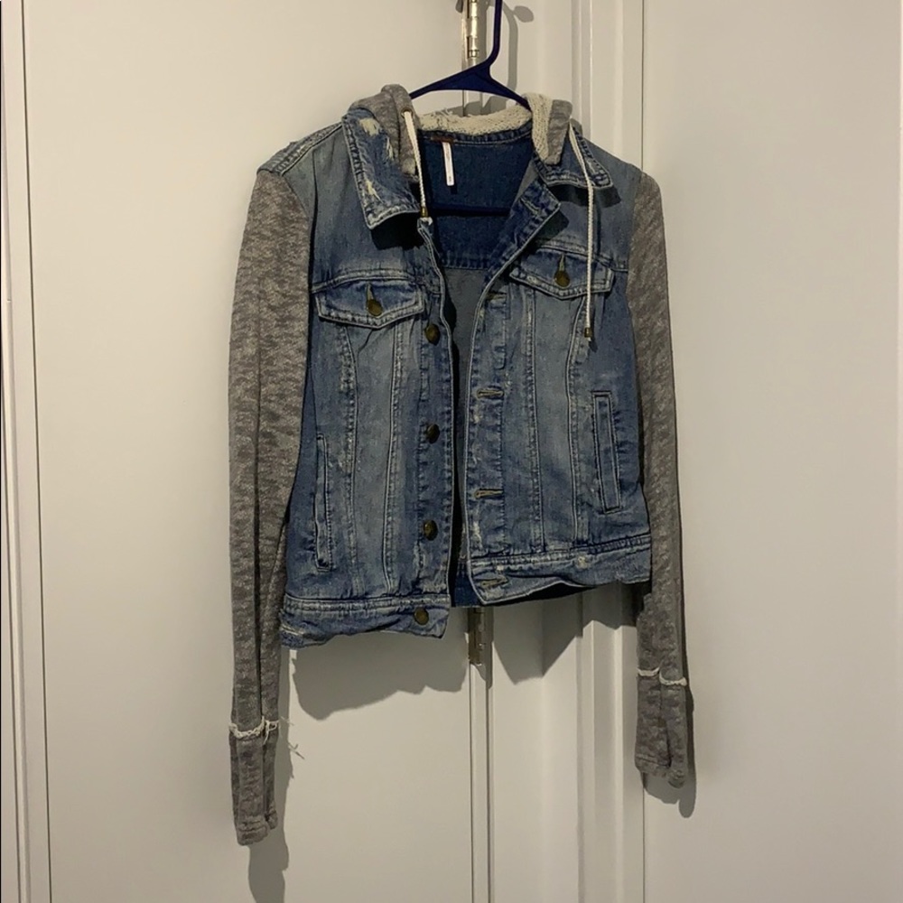 Free People Denim Jacket with Sweatshirt Sleeves